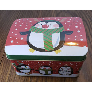 Christmas Penguin In Green Scarf Winter Holiday Small Tin Container